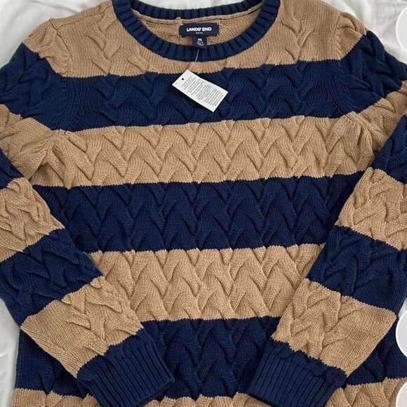 Tan and navy Land’s End cable sweater - Picture 1 of 1